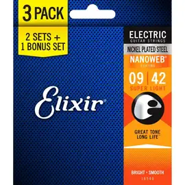 Струны для электрогитары Elixir 16540 NanoWeb Super Light 9-42 (3 упаковки)