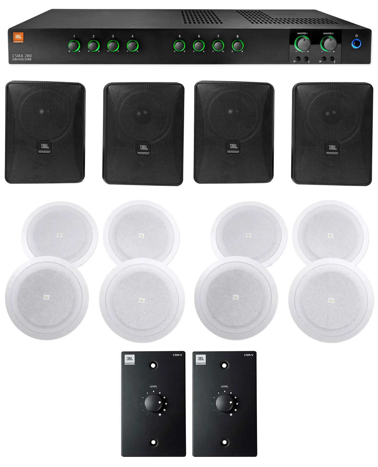 Трансляционный усилитель JBL CSMA280 (набор) 4× 6.5" черные настенные акустические системы, 8× 8" потолочные акустические системы, настенные контроллеры