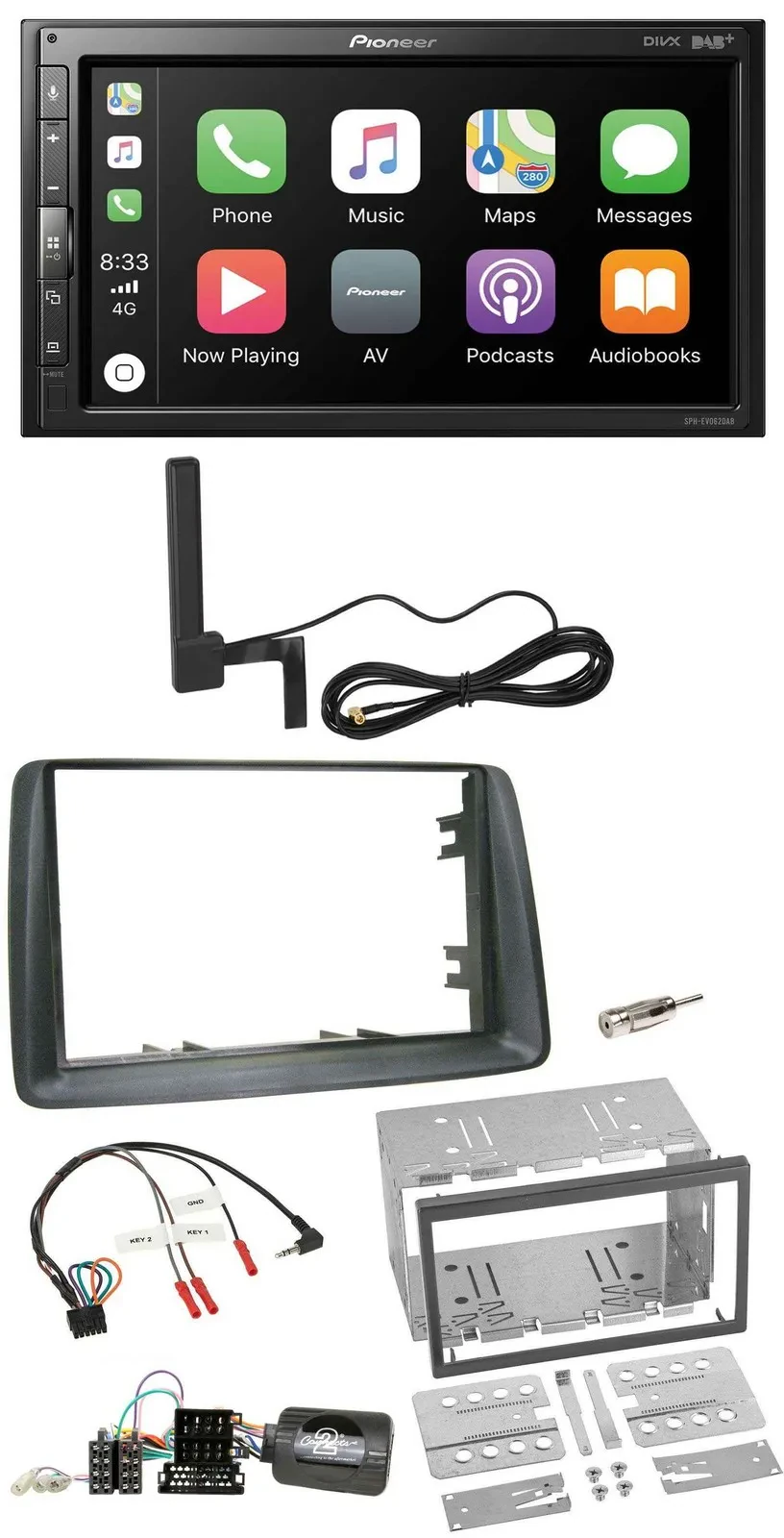 Pioneer USB 2DIN Bluetooth DAB Lenkrad Autoradio für Fiat Panda 2007-2012 grau