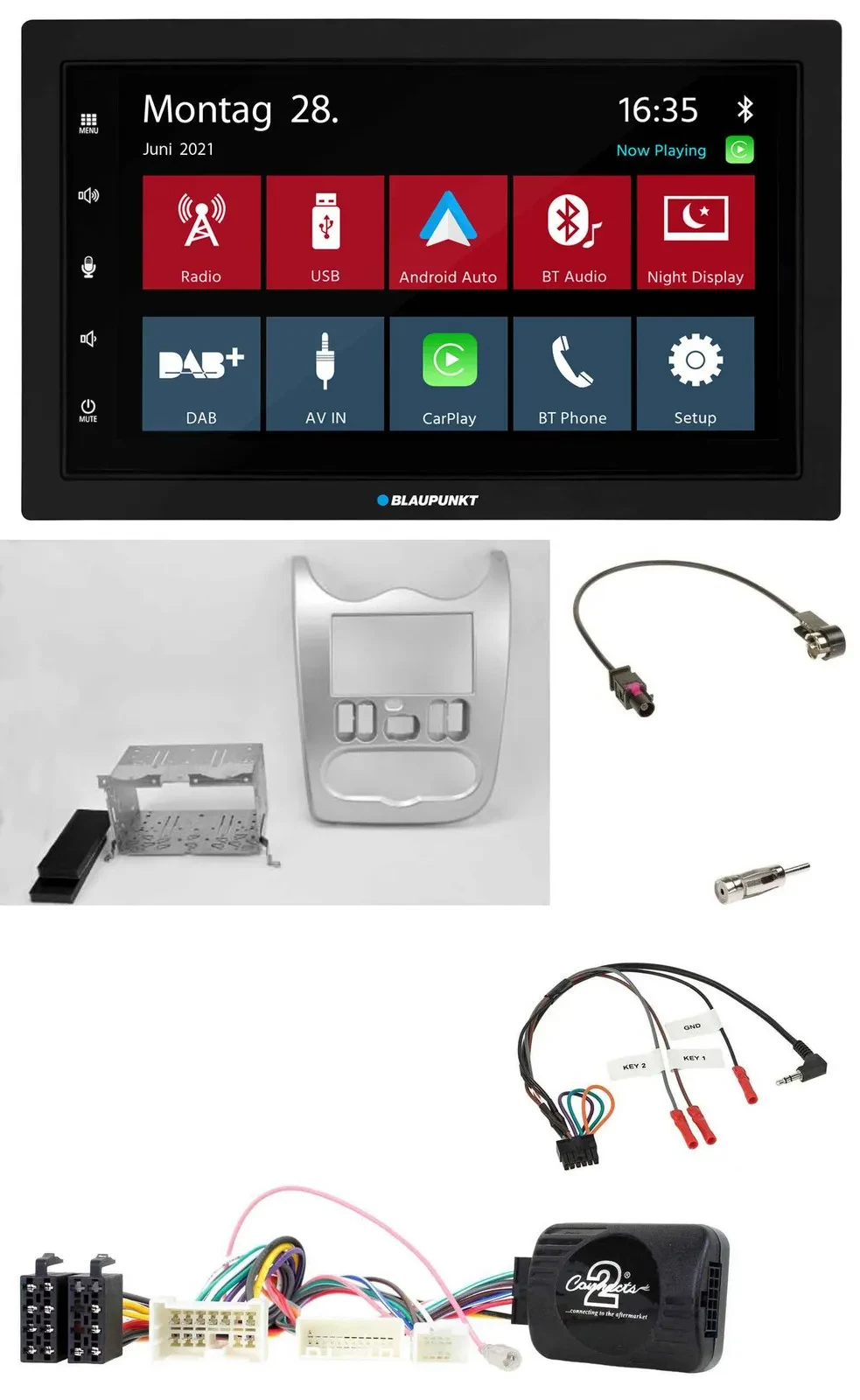 Blaupunkt Lenkrad Bluetooth DAB 2DIN USB Autoradio für Dacia ab 2012 hellsilber