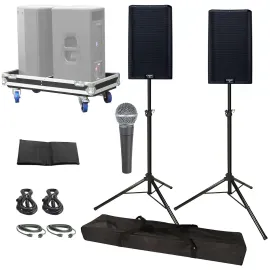 QSC K12.2 K2 Series 12" 2-Way Active Powered Speakers Pair Stands Mic, Road Case