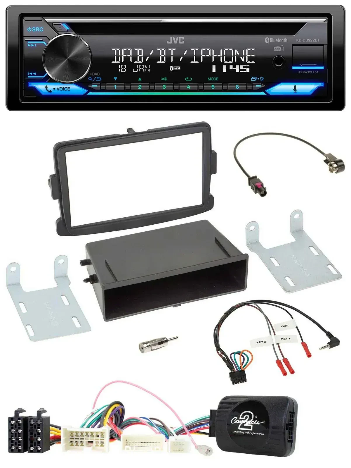 Автомагнитола JVC Bluetooth USB DAB CD для Dacia Logan/Sandero (с 2012), чёрный