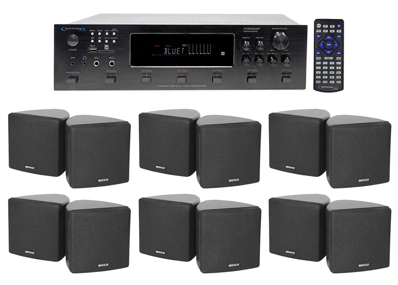 Technical Pro 6-Zone Receiver+(12) Black Cube Speakers For Restaurant/Bar/Cafe