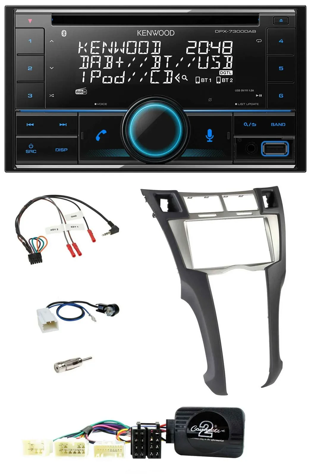 Автомагнитола для Toyota Yaris 2006–2011 Kenwood 2DIN, CD, DAB, USB, Bluetooth, поддержка кнопок на руле