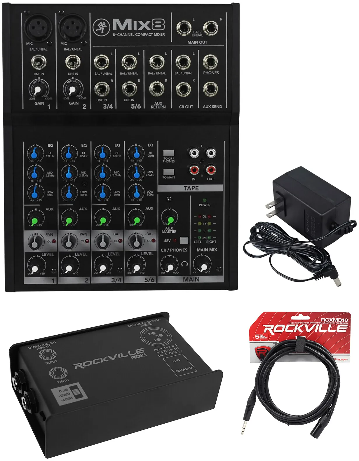 Аналоговый микшер Mackie Mix8 8-канальный (набор) с DI-боксом Rockville RDI5 и кабелем