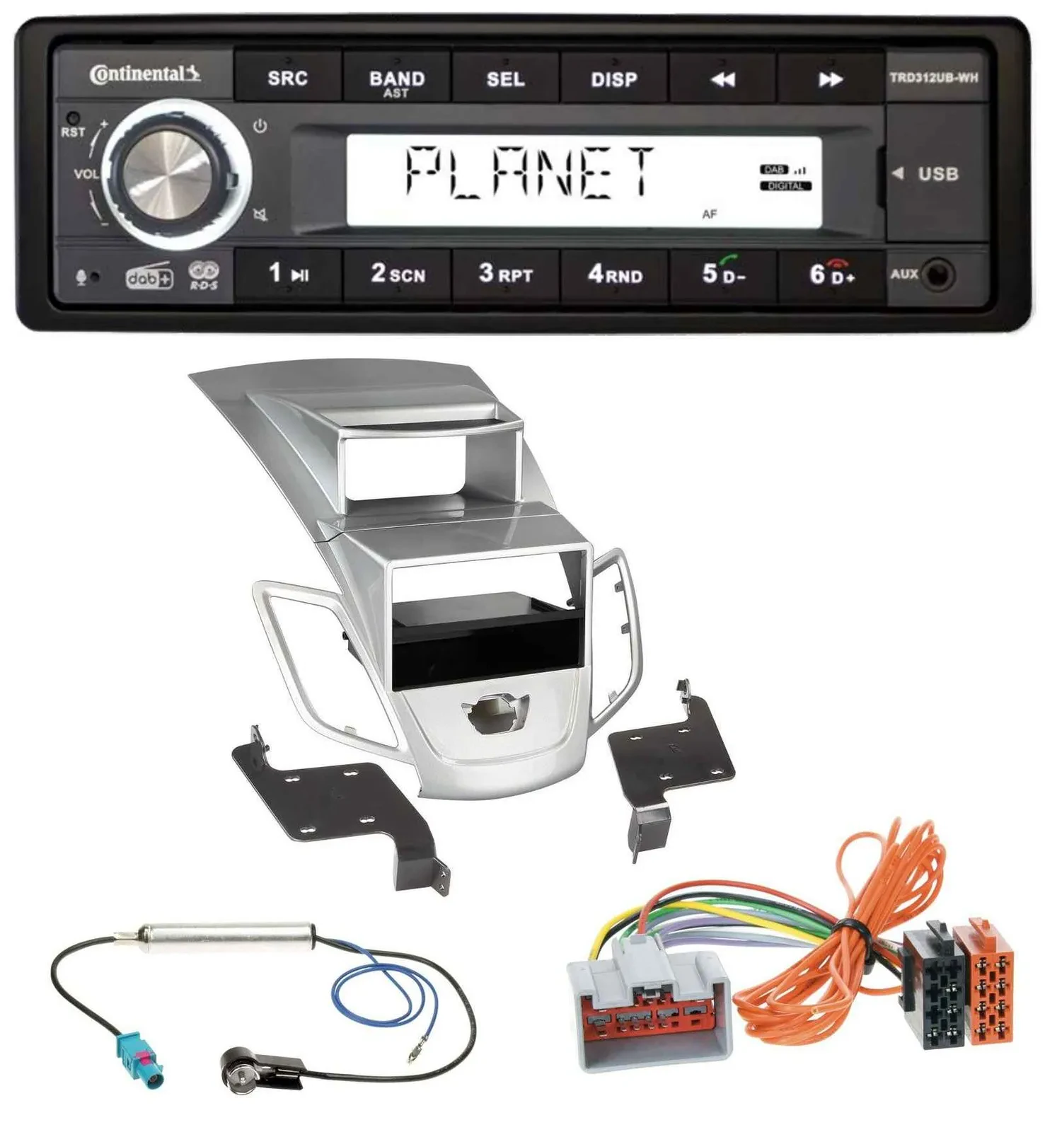 Автомагнитола Continental 1-DIN USB AUX DAB MP3 для Ford Fiesta (2008–2010), серебристая