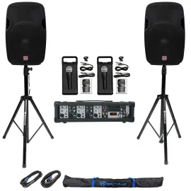 (2) Rockville SPGN158 15" 3200w DJ PA Speakers+5-Ch. Powered Mixer+Mics+Stands