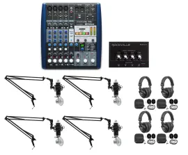 Аналоговый микшер для подкастов PreSonus AR8, 8-канальный (набор, 4 микрофона, наушники, boom arms)