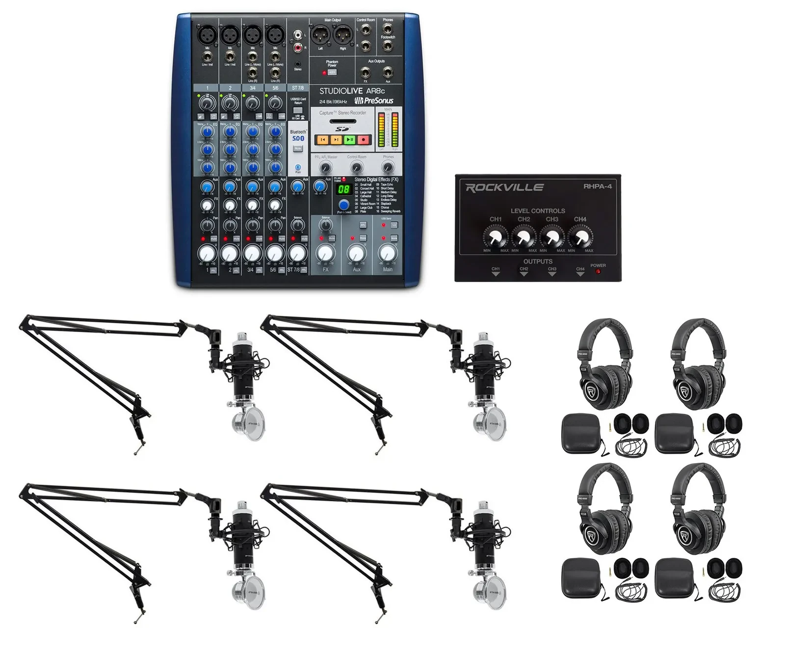 Аналоговый микшер для подкастов PreSonus AR8, 8-канальный (набор, 4 микрофона, наушники, boom arms)
