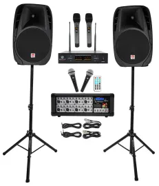 Rockville RPG2X15 Powered Bluetooth Mixer+(2) 15" Speakers+Stands+Wireless Mics