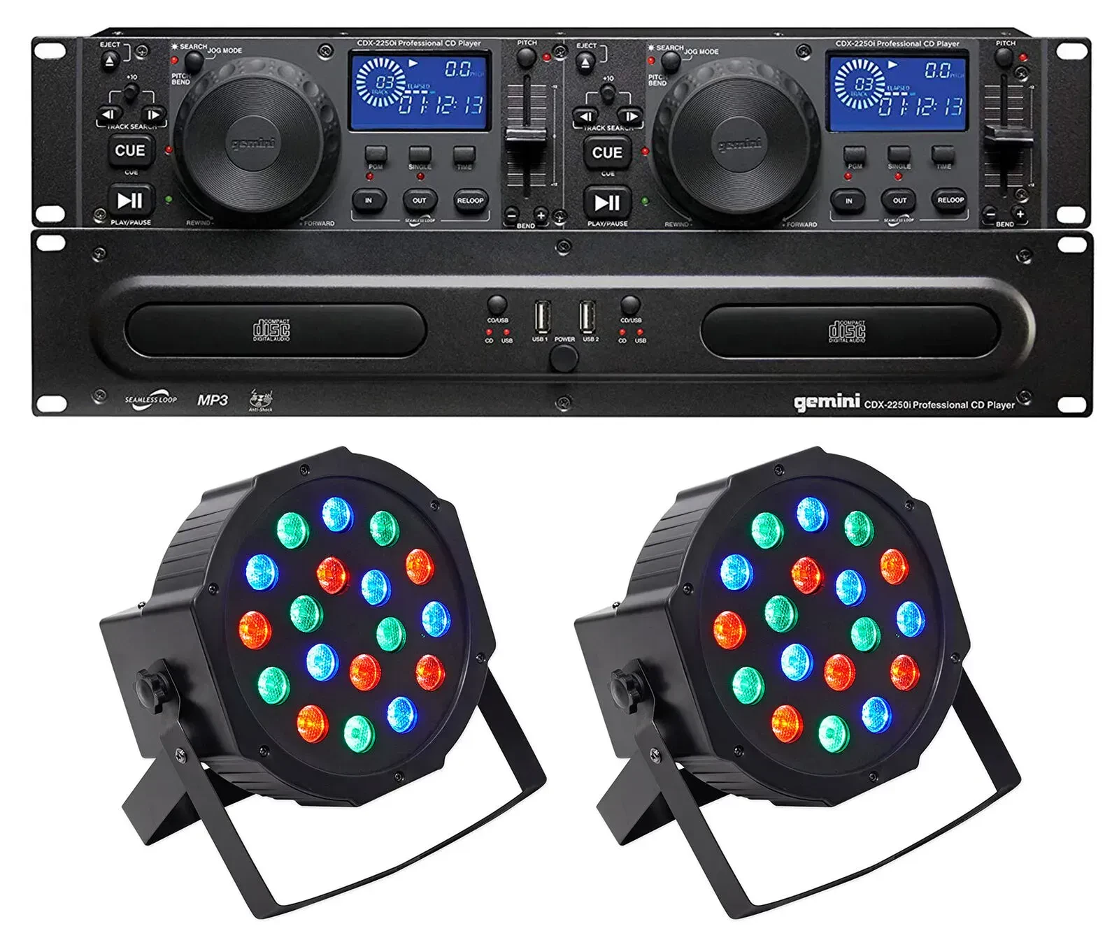 Медиаплеер для DJ Gemini CDX-2250i 2‑Deck CD/MP3 (набор, 2 шт., Par Wash Up-Lights)