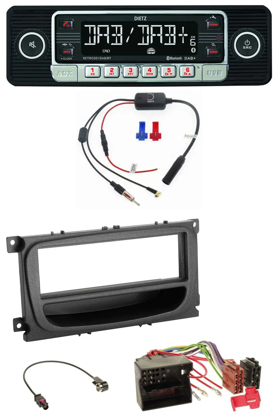 Dietz MP3 DAB Bluetooth USB Autoradio für Ford C-Max Focus Galaxy ab 2007 Ablage