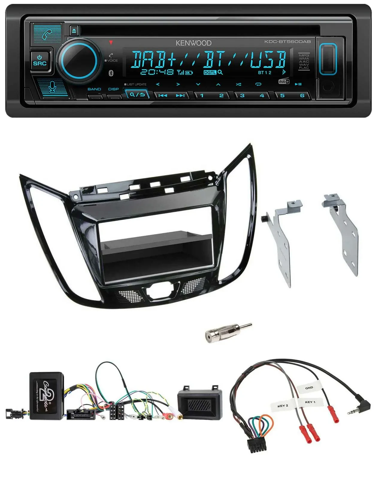 Автомагнитола Kenwood для Ford C‑Max/Kuga Bluetooth, DAB, CD, USB, черный глянец, поддержка кнопок на руле