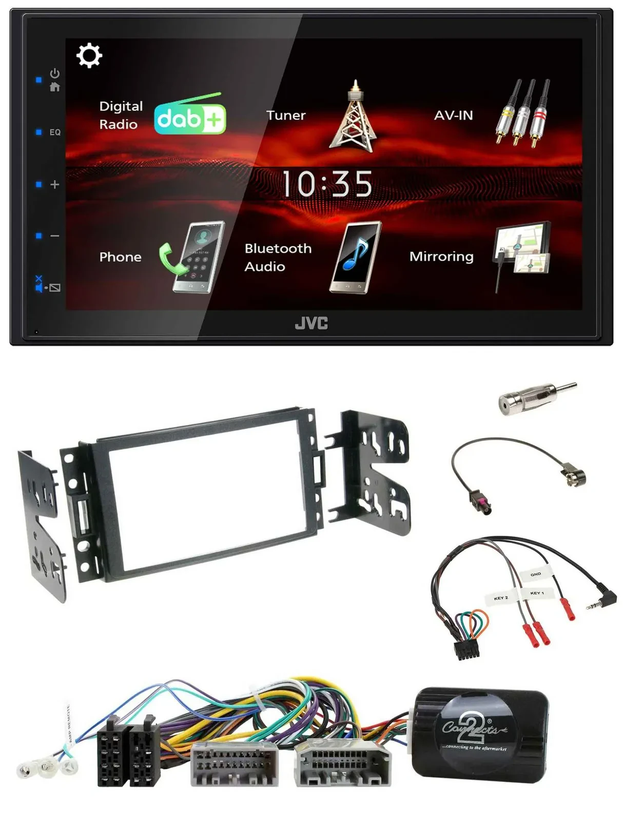 Автомагнитола для Jeep Grand Cherokee 2011–2014 JVC 2-DIN, USB, Bluetooth, DAB, поддержка кнопок на руле