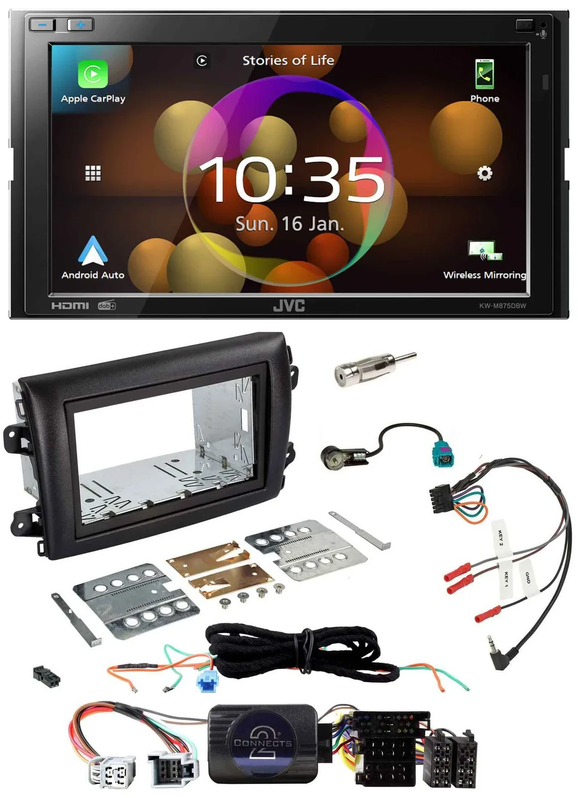 Автомагнитола для Fiat Ducato Serie 8 (с 2021) JVC 2-DIN, DAB, Bluetooth, USB, поддержка кнопок на руле