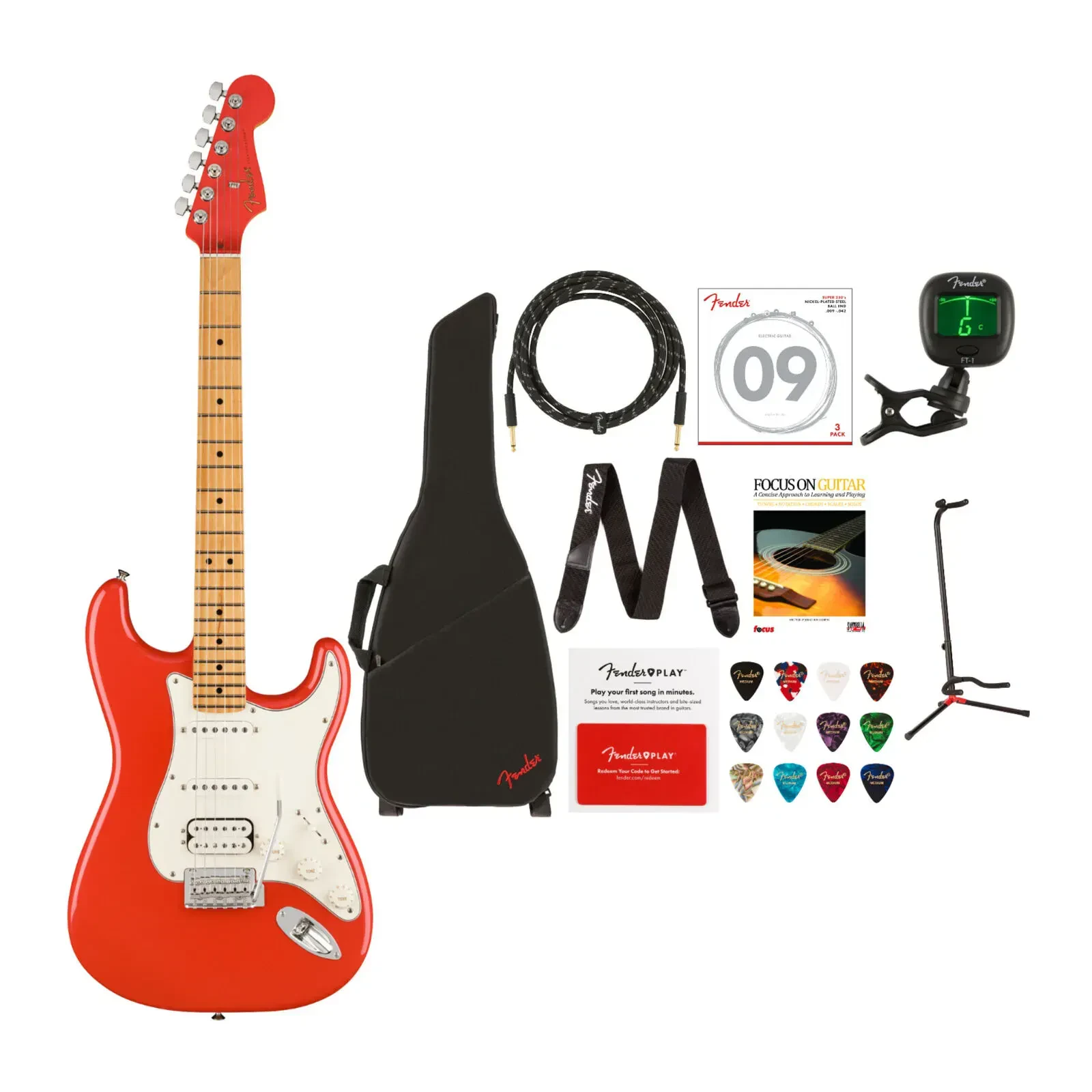 Fender Limited Edition Player Stratocaster HSS Guitar in Fiesta Red Bundle