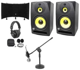 (2) Rockville DPM10B 10" 800w Active Studio Monitors+Headphones+Mic+Shield+Stand