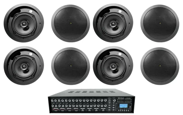 4-Zone Matrix Multi Room Commercial Audio System w/8) JBL Black Ceiling Speakers