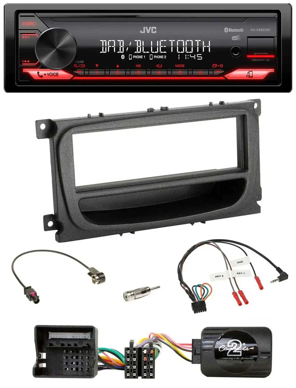 Автомагнитола JVC Bluetooth, USB, DAB, для Ford Mondeo/S-Max (2007–2014), чёрный, поддержка управления на руле
