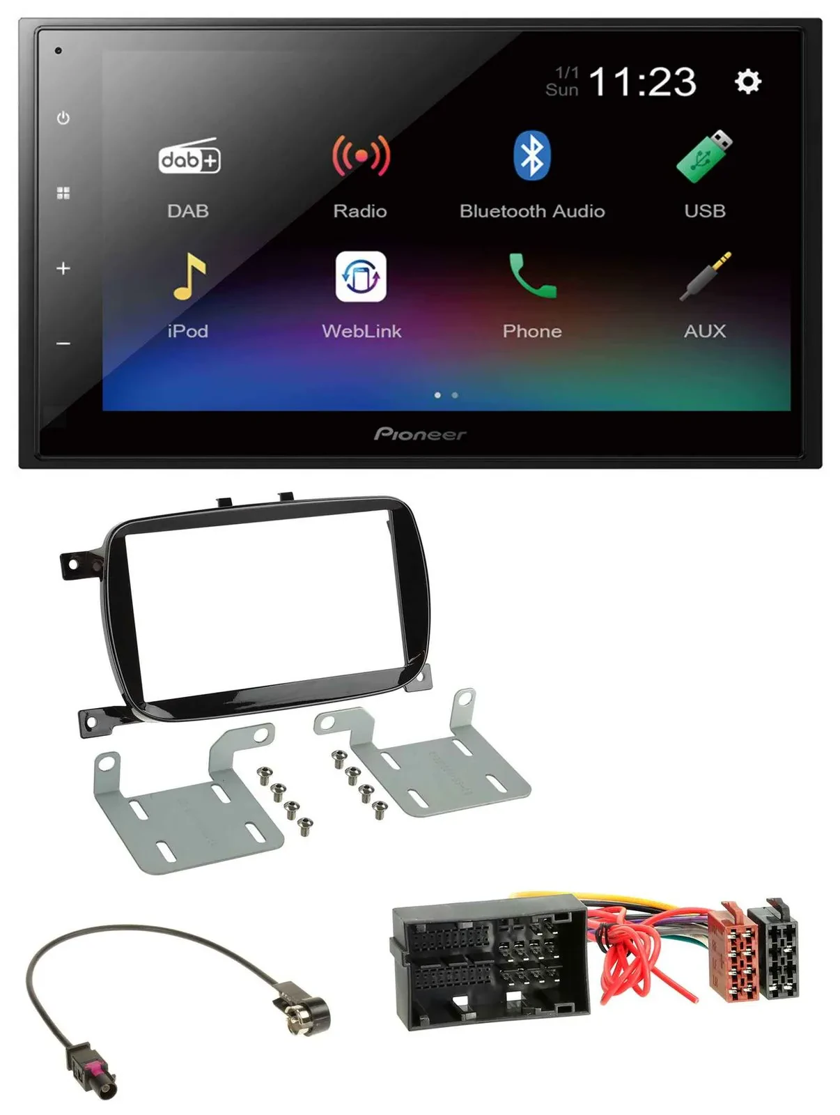 Автомагнитола для Fiat 500X (с 2016) Pioneer 2DIN, USB, Bluetooth, DAB, MP3, черный глянец