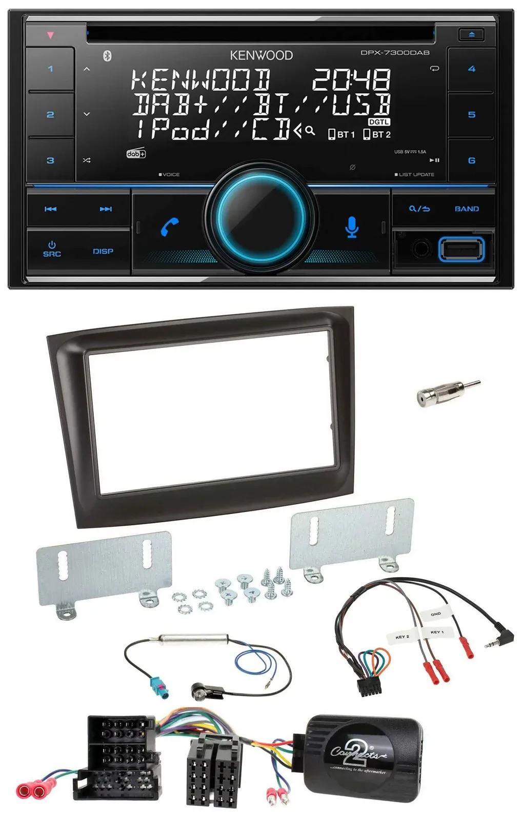 Автомагнитола для Fiat Doblo Kenwood 2DIN, CD, DAB, USB, Bluetooth, Mini-ISO, поддержка кнопок на руле