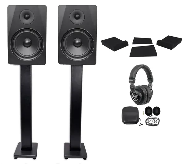 2) Rockville DPM8B 8" 600w Dual Powered Studio Monitors+Stands+Pads+Headphones