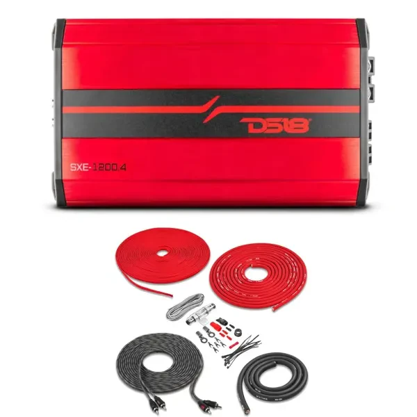 DS18 SXE-1200.4/RD Class AB SXE Series 4-channel Car Amplifier with Amp Kit