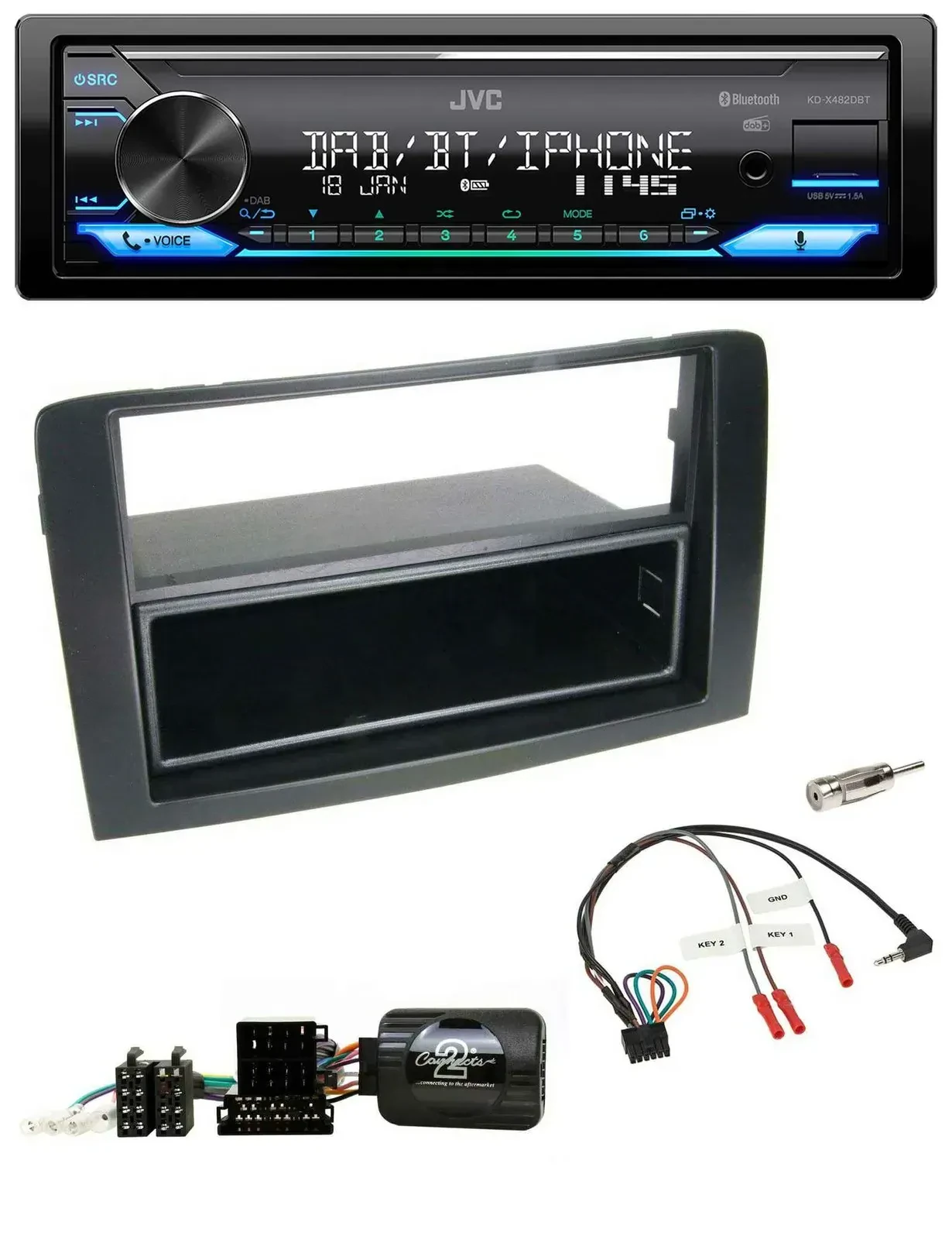 Автомагнитола для Fiat Idea 2006–2012 JVC Bluetooth, DAB, USB, черная, поддержка управления на руле