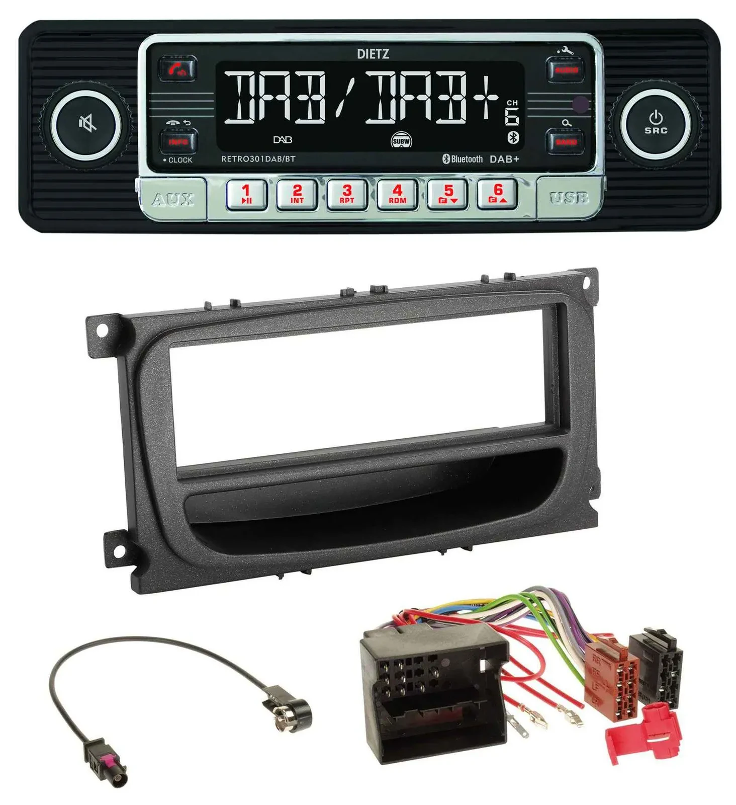 Dietz USB DAB MP3 Bluetooth Autoradio für Ford Mondeo S-Max 07-14 Ablagefach sch