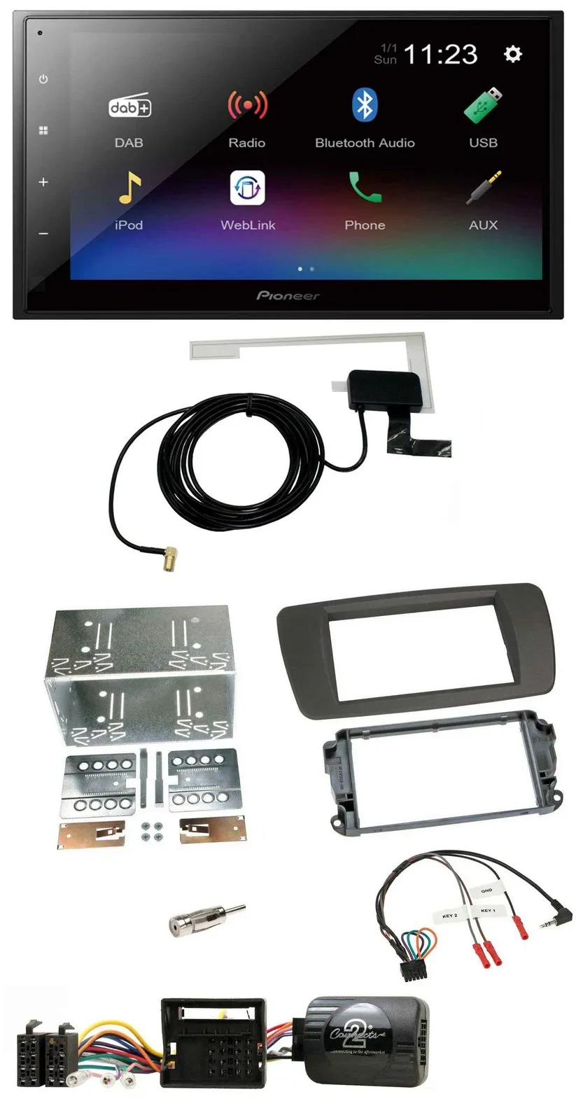 Автомагнитола Pioneer 2DIN DAB, Bluetooth, USB для Seat Ibiza (с 2008), серый (tuam-grey), совместим с кнопками на руле