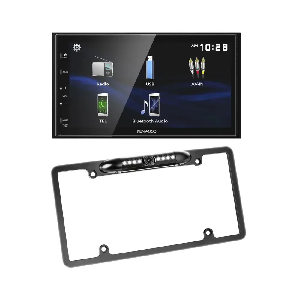 Автомагнитола Kenwood DMX129BT 2-DIN сенсорный экран, Bluetooth (набор) с камерой заднего вида на рамке номера