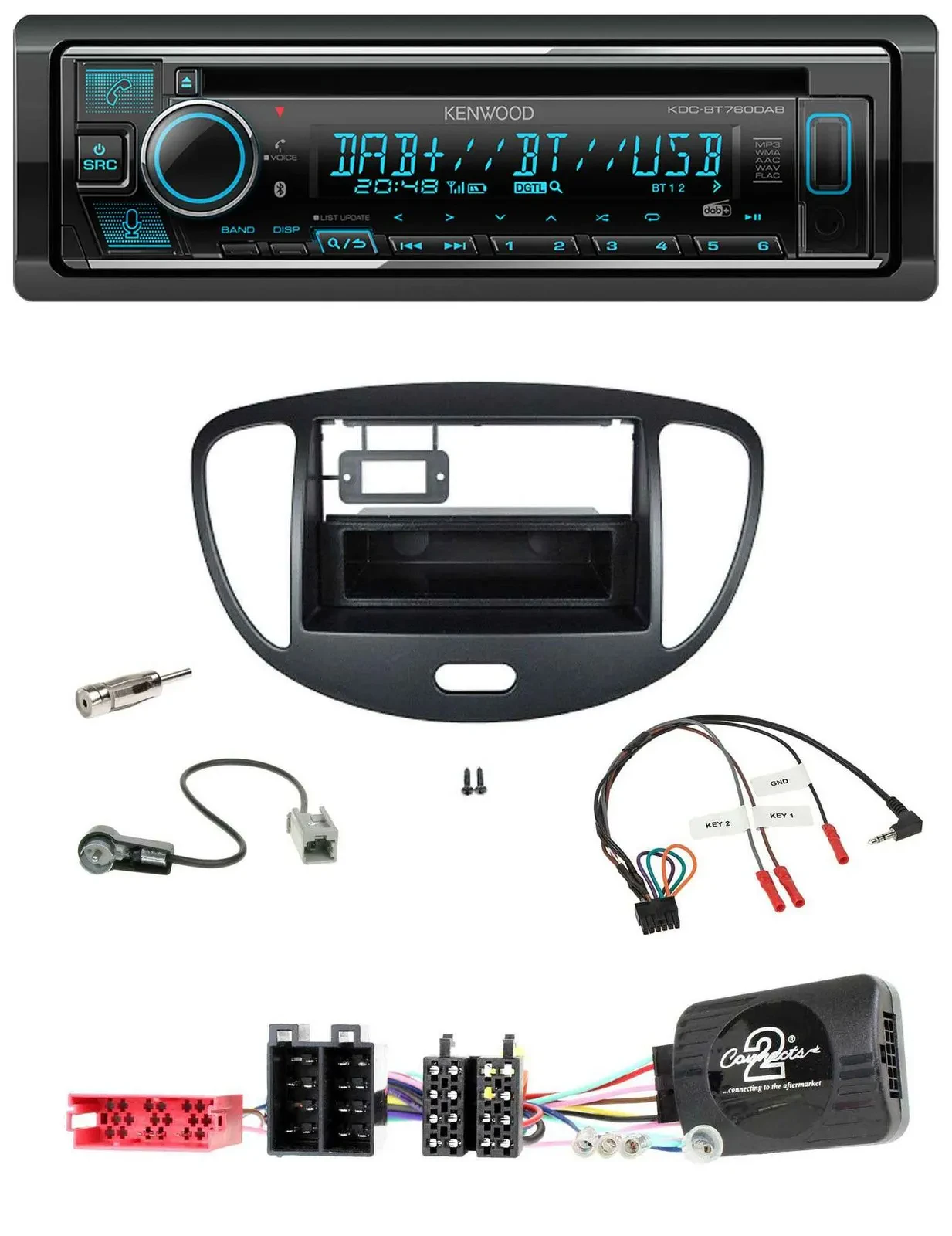Автомагнитола Kenwood Bluetooth DAB USB CD для Hyundai i10 (2009–2013), ISO, черный