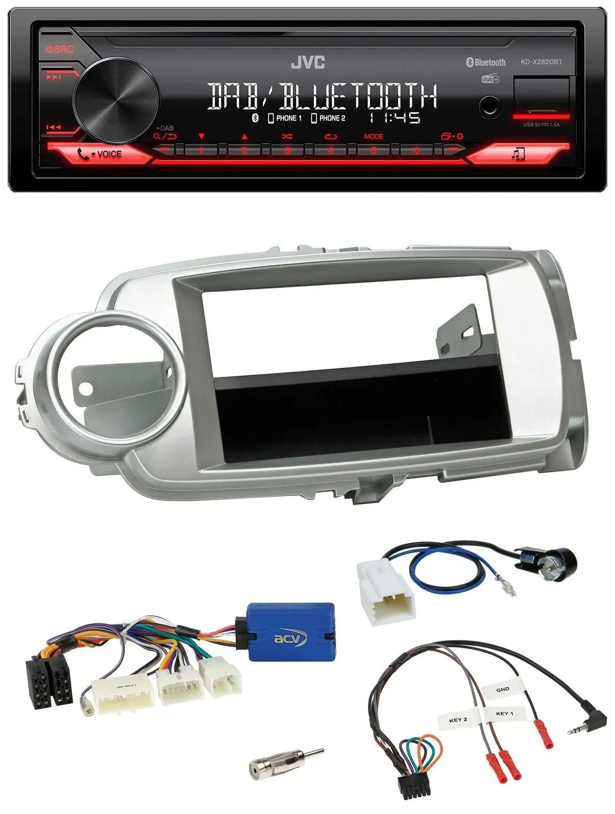 Автомагнитола для Toyota Yaris 2011–2014 JVC Bluetooth, USB, DAB, серебристая, 28‑pin