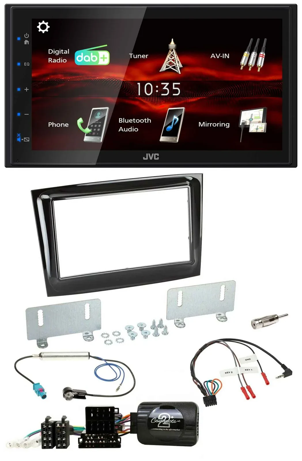 Автомагнитола JVC 2DIN, USB, Bluetooth, DAB, для Fiat Doblo (VDO, с 2015), черный глянец