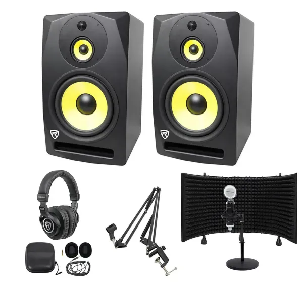 (2) Rockville DPM10B 10" 800w Active Studio Monitors+Headphones+Mic+Shield+Stand