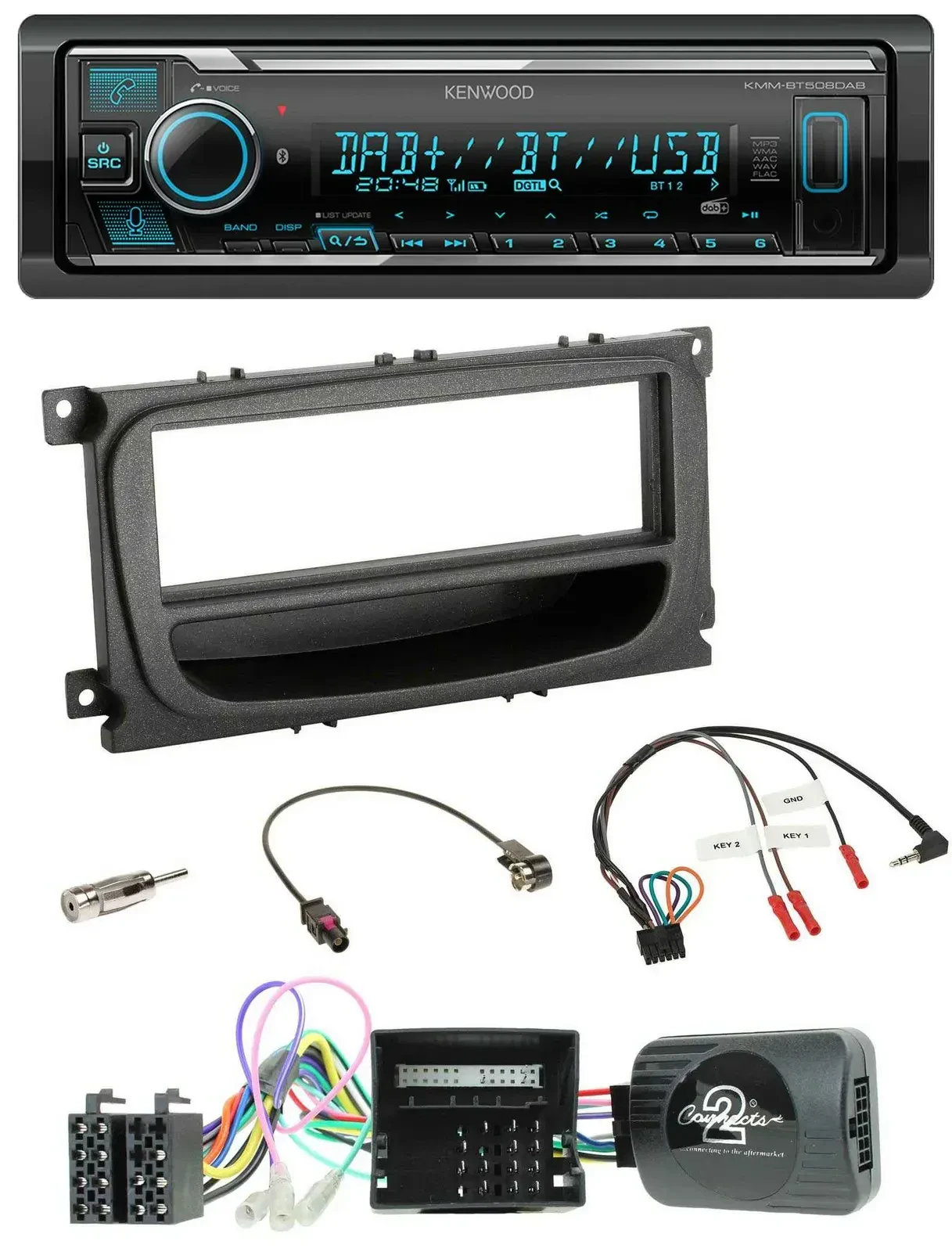 Автомагнитола для Ford Mondeo/S-Max 2007–2014 Kenwood Bluetooth, DAB, USB, поддержка управления на руле, черная