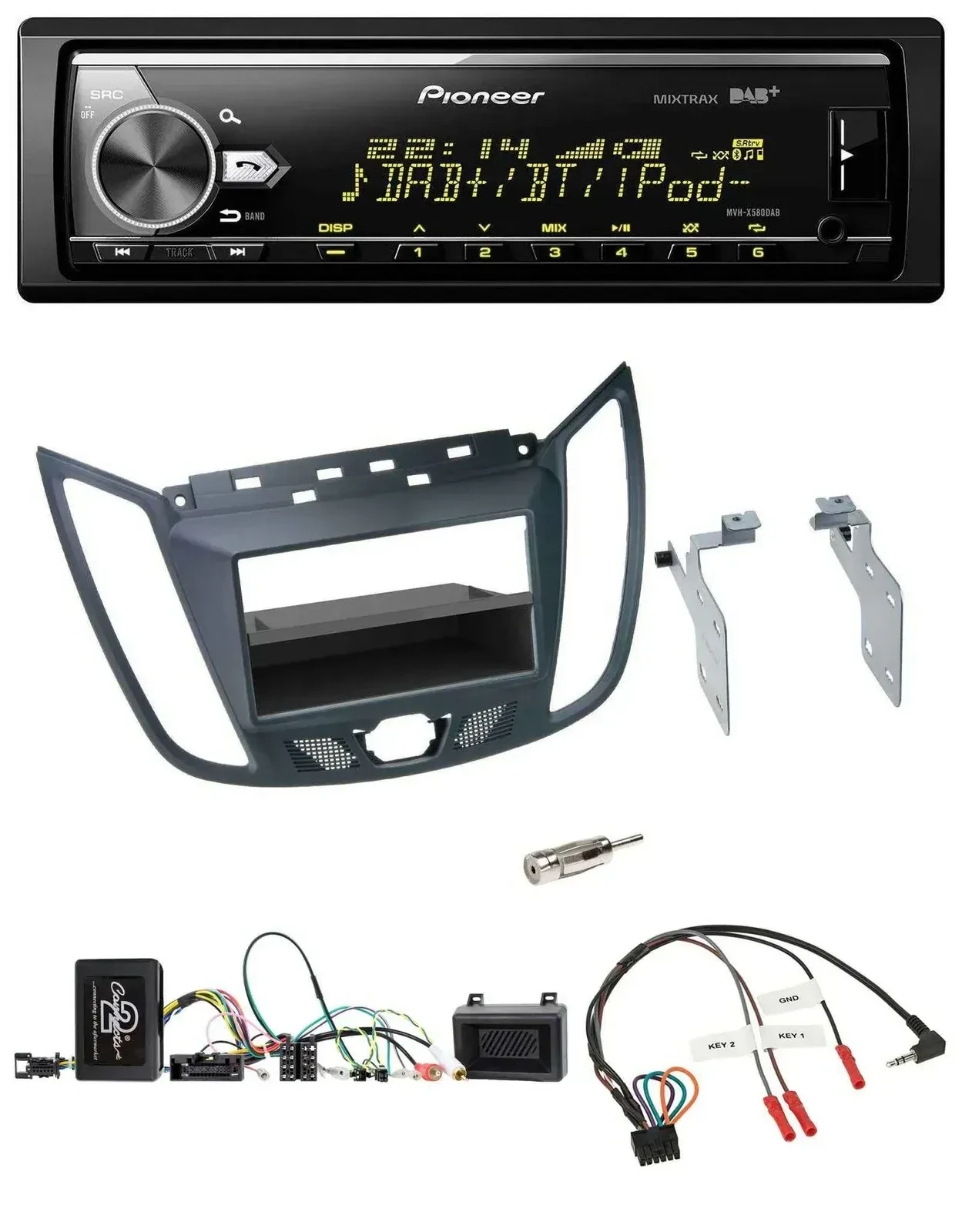 Автомагнитола для Ford C-Max, Kuga Pioneer Bluetooth, USB, DAB, поддержка кнопок на руле, тёмно-серый