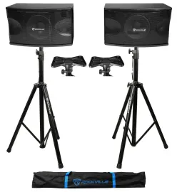 Pair Rockville KPS80 8" 3-Way 800 Watt MDF Karaoke/Pro Speakers+Tripod Stands