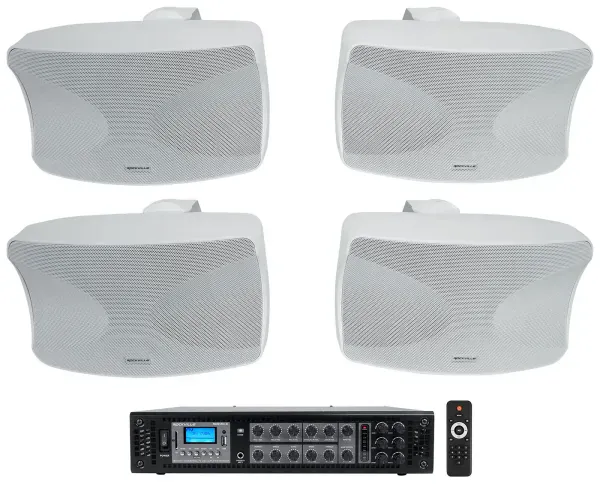 4 Rockville WET-44 PRO Dual 4" 4-Way Swivel 70V Commercial Speakers in White+Amp