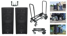 (2) JBL Pro JRX225 2000 Watt Dual 15" Inch 2-Way DJ P/A Passive Speakers+Cart