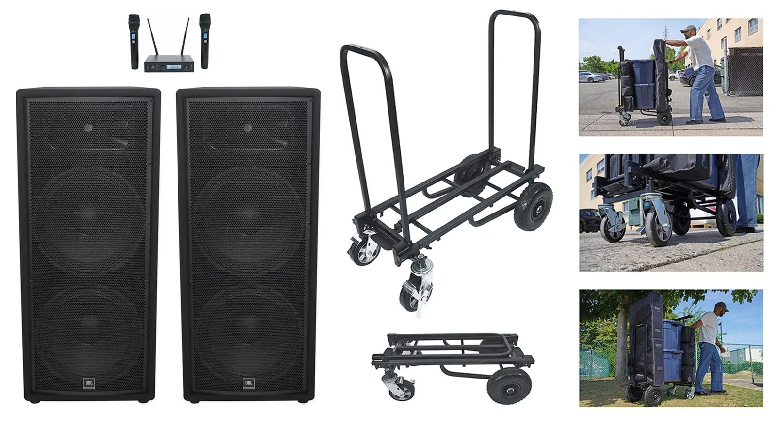 (2) JBL Pro JRX225 2000 Watt Dual 15" Inch 2-Way DJ P/A Passive Speakers+Cart