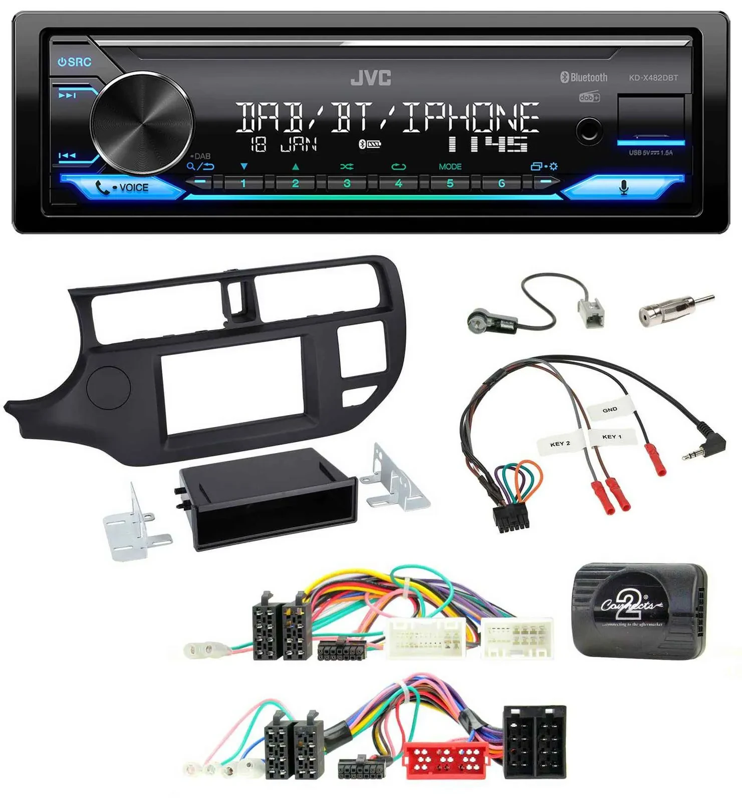 Автомагнитола для Kia Rio UB 2011–2015 JVC Bluetooth, DAB, USB, черная