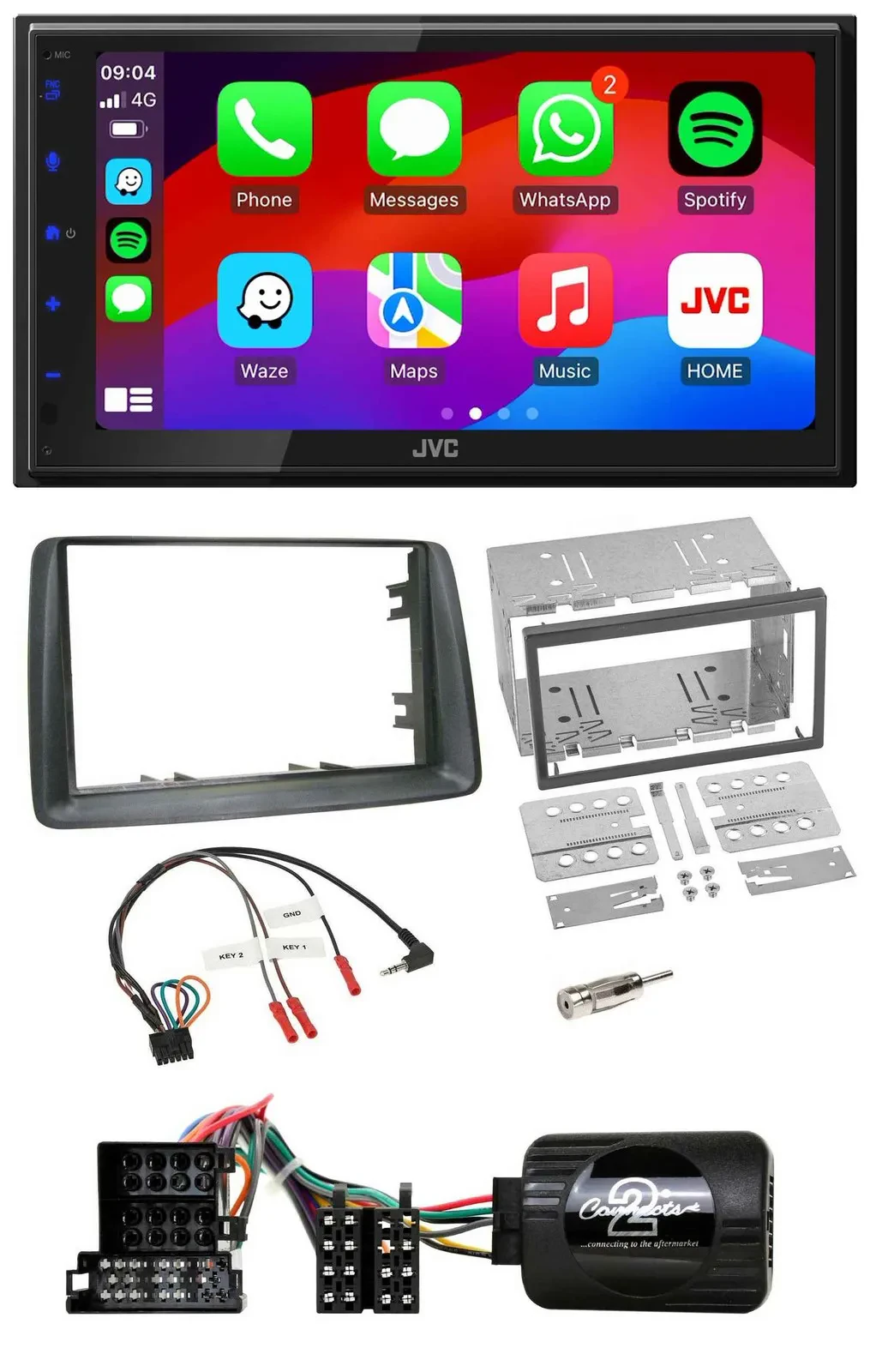 JVC Bluetooth 2DIN Lenkrad DAB USB Autoradio für Fiat Panda 2004-2007 grau