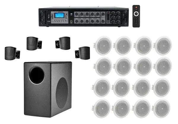 JBL Subwoofer+(4) Satellite+(16) 4" Ceiling Speakers+Amp For Office/Store/Gym