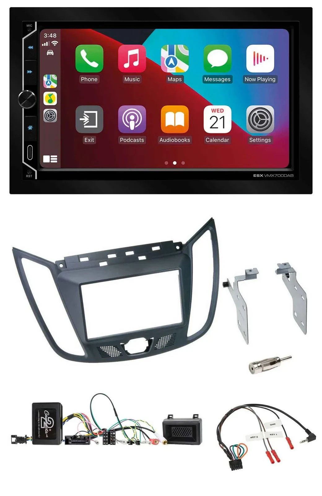 ESX 2DIN DAB USB Lenkrad Bluetooth Autoradio für Ford C-Max ab 2011 grau