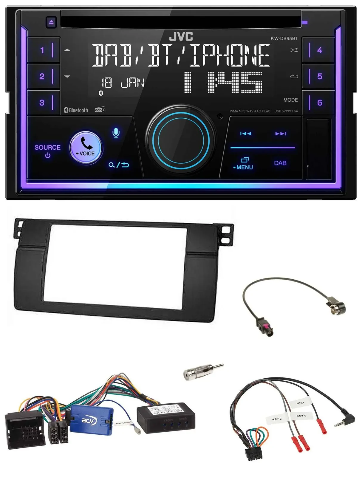 JVC Lenkrad USB 2DIN DAB Bluetooth CD Autoradio für BMW 3er 2002-2006 E46 schwar