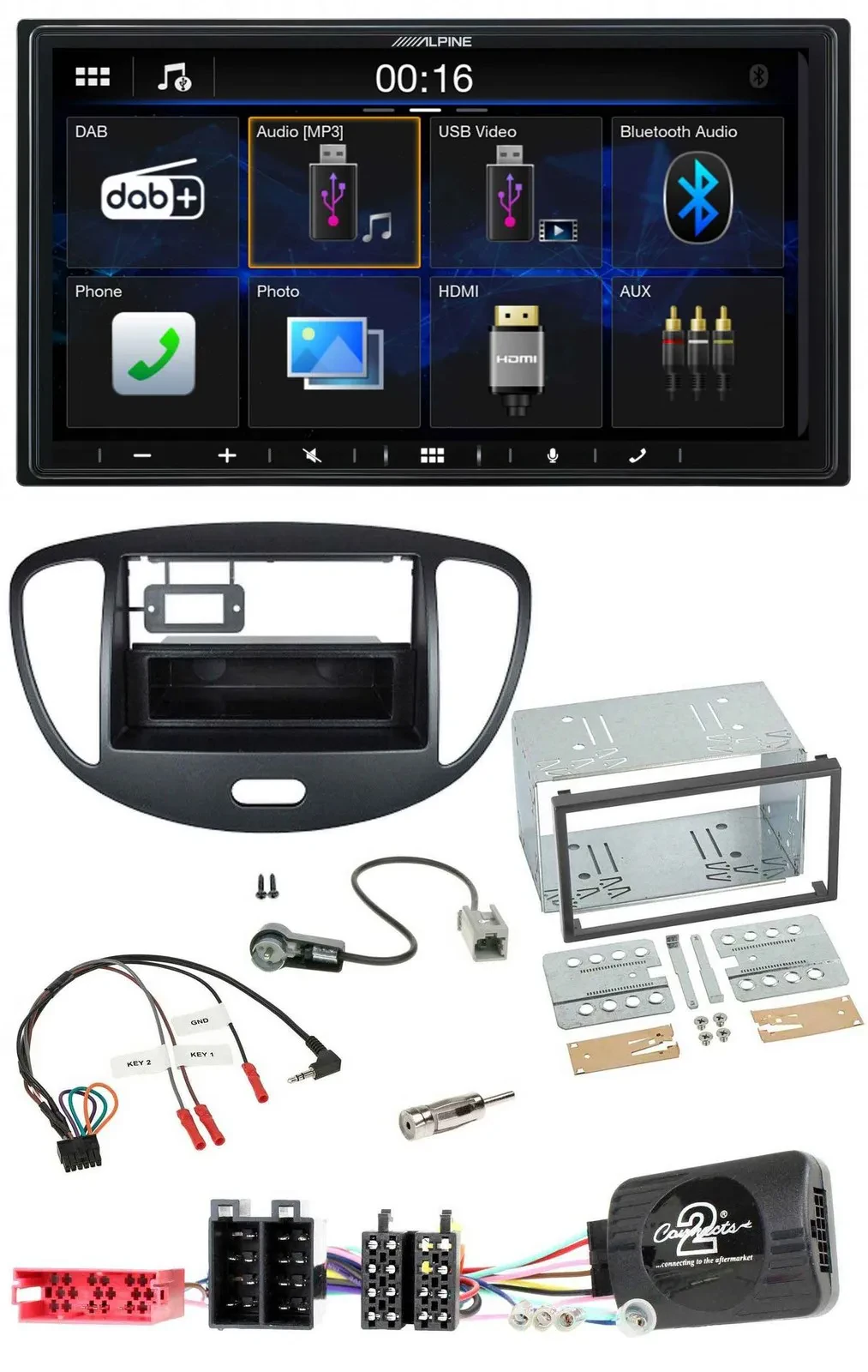 Автомагнитола Alpine 2DIN Bluetooth DAB USB для Hyundai i10 2009–2013, черный