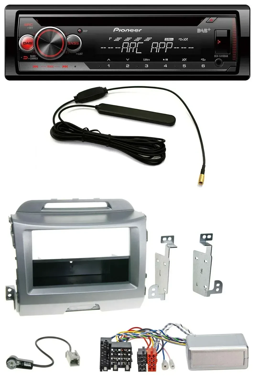 Автомагнитола Pioneer CD/USB, DAB, MP3 для Kia Sportage 3 (2010–2015), серебристая, поддержка кнопок на руле