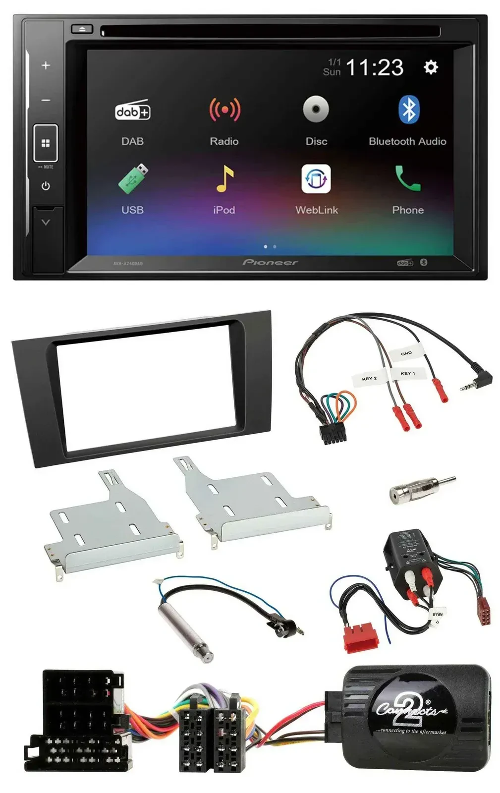 Автомагнитола Pioneer 2-DIN, Bluetooth, USB, DAB, DVD, для Audi A4 1999–2001 (совместима с кнопками на руле, BOSE)