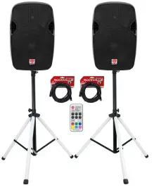 2 Rockville SPG124 12" Passive 1200w DJ PA Speakers+Stands w/LED's+Remote+Cables